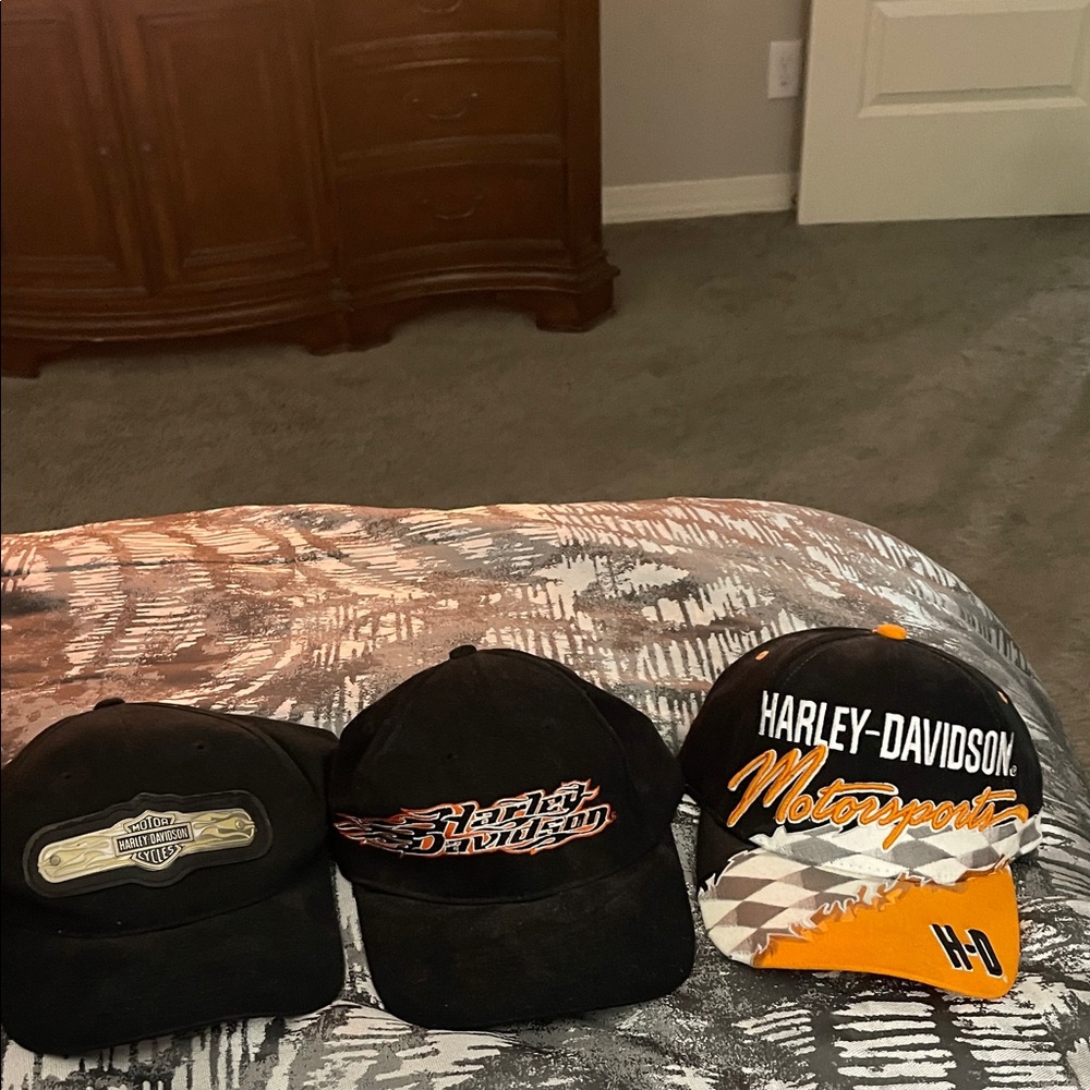 Harley-Davidson Black and Orange Motorcycle Caps Trio